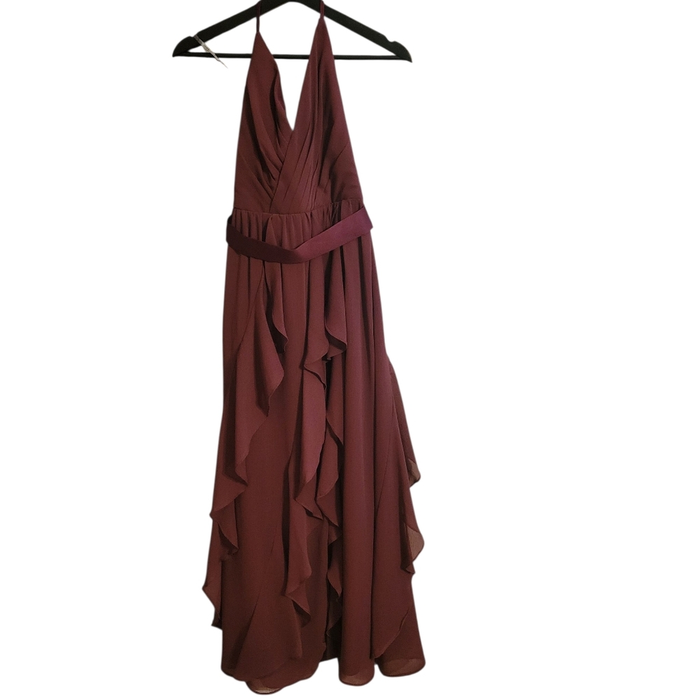White Vera Wang Maroon Chiffon Cascading Maxi Dress